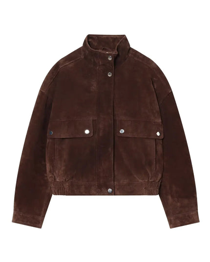 Women's Faux Suede Jacket with Pockets, High Collar, and Button Closure