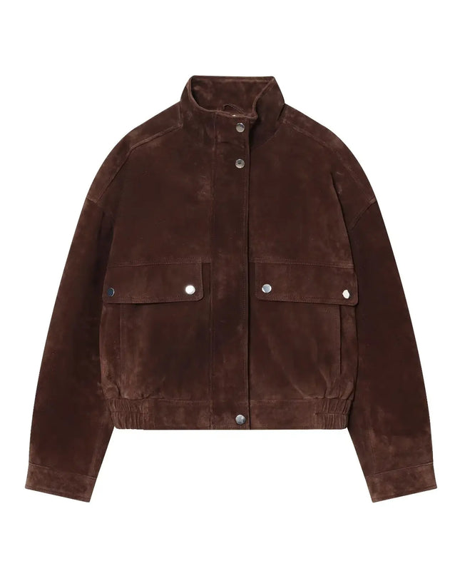 Women's Faux Suede Jacket with Pockets, High Collar, and Button Closure