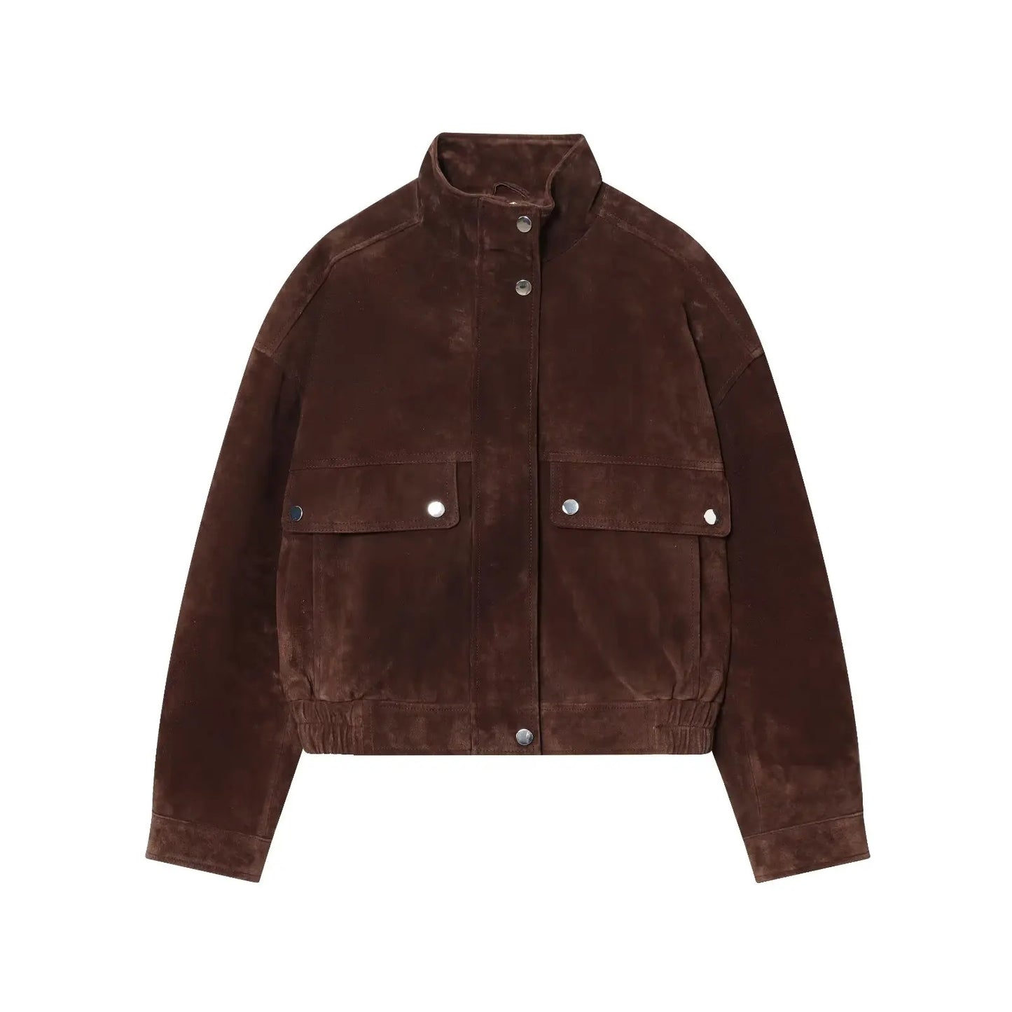 Women's Faux Suede Jacket with Pockets, High Collar, and Button Closure