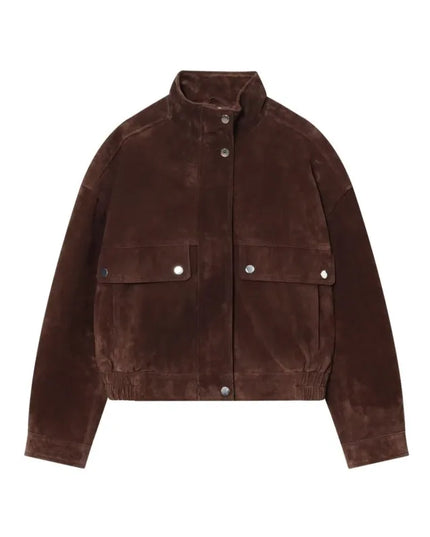 Women's Faux Suede Jacket with Pockets, High Collar, and Button Closure