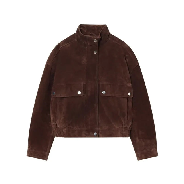 Women's Faux Suede Jacket with Pockets, High Collar, and Button Closure