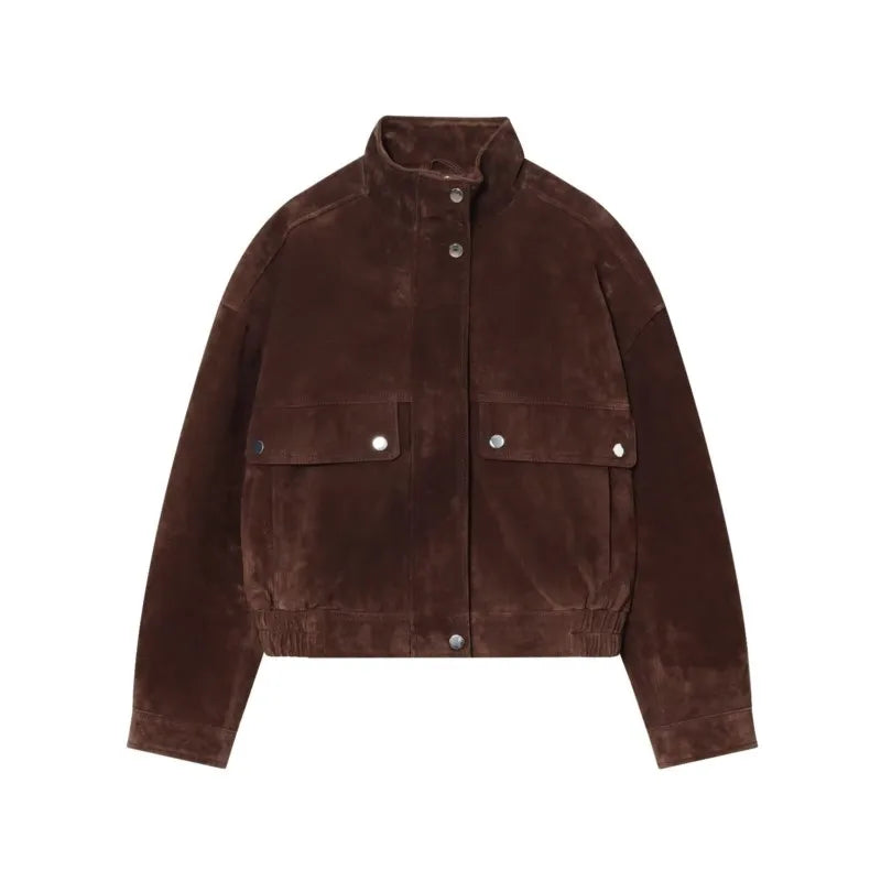 Women's Faux Suede Jacket with Pockets, High Collar, and Button Closure