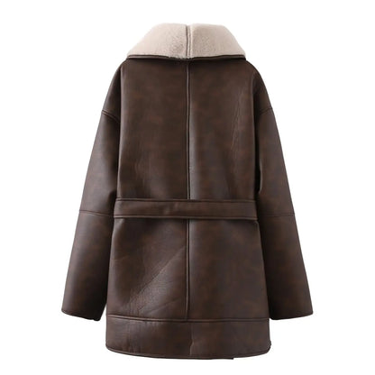 Women's Faux Leather Fleece Collar Jacket with Belt