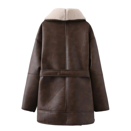 Women's Faux Leather Fleece Collar Jacket with Belt