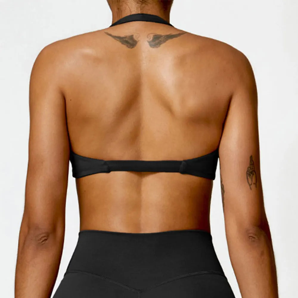 Women's Nylon Halter Sports Bra with Front Twist, Padded and Supportive Bralette for Activewear