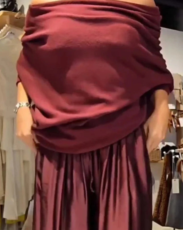 Women's Elegant Two-Piece Set - Slash Collar Off-Shoulder Top & Satin Wide-Leg Pants