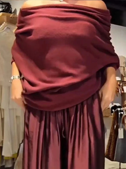 Women's Elegant Two-Piece Set - Slash Collar Off-Shoulder Top & Satin Wide-Leg Pants