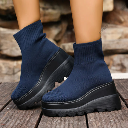 Women's Wedge High Heels - Breathable Weaving Elastic Short Boots with Thick Sole