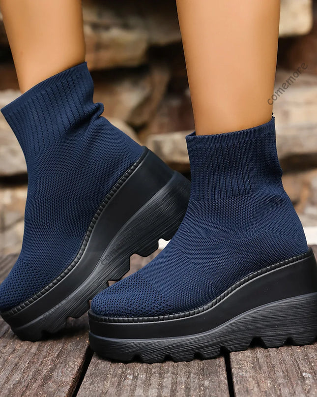 Women's Wedge High Heels - Breathable Weaving Elastic Short Boots with Thick Sole