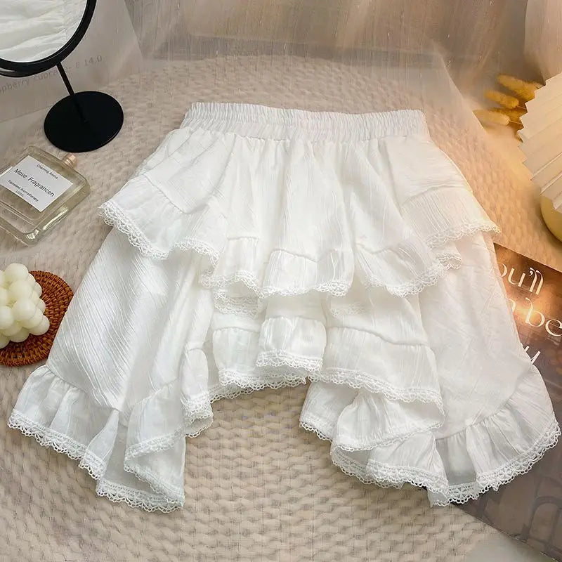 Women's Kawaii Japanese Style Irregular Mini Skirt with Elastic Waist in Black and White