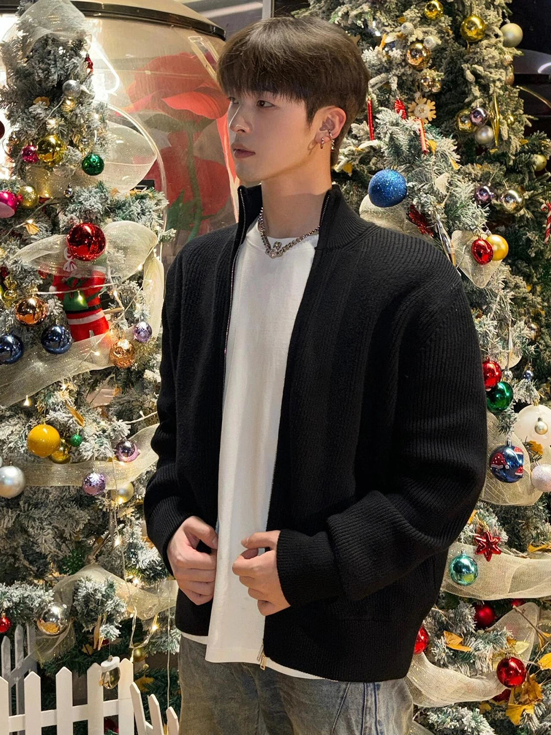 Men's Loose Knit Cardigan Sweater with Zip Closure
