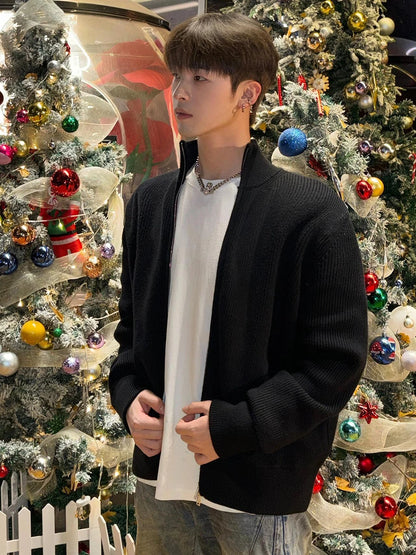 Men's Loose Knit Cardigan Sweater with Zip Closure