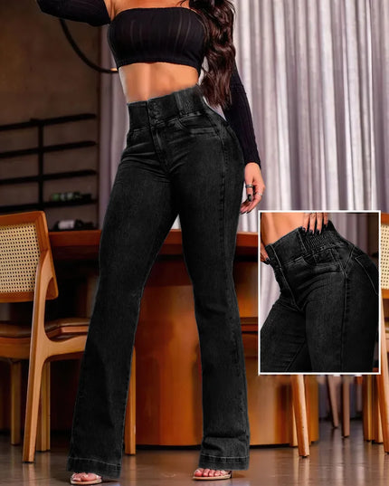 Elegant High-Waist Button-Front Cotton Flared Jeans