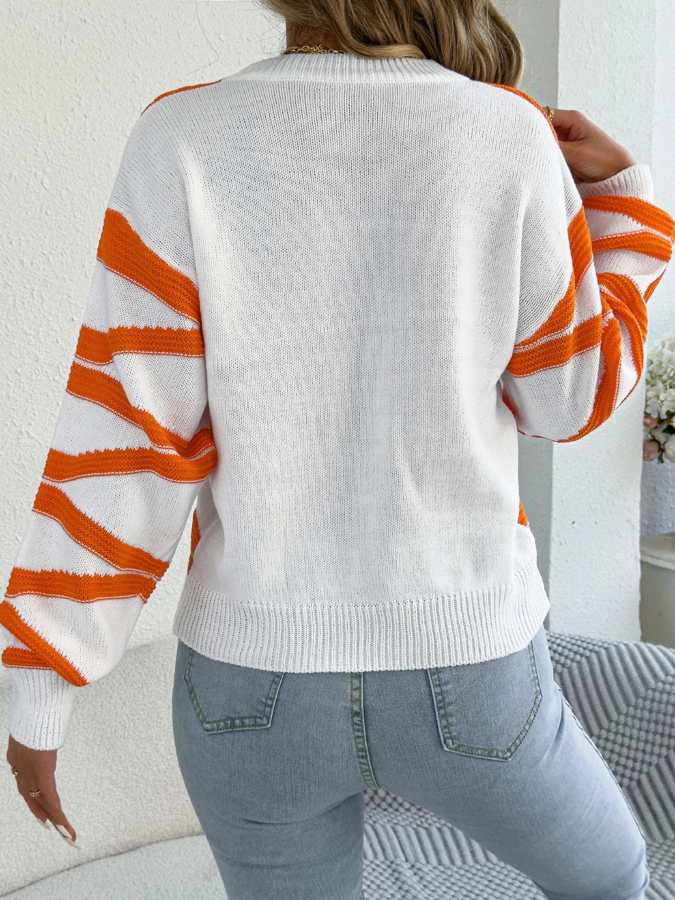 Women's Stripe Sweater - Casual Round Neck Lantern Sleeve Knitted Pullover
