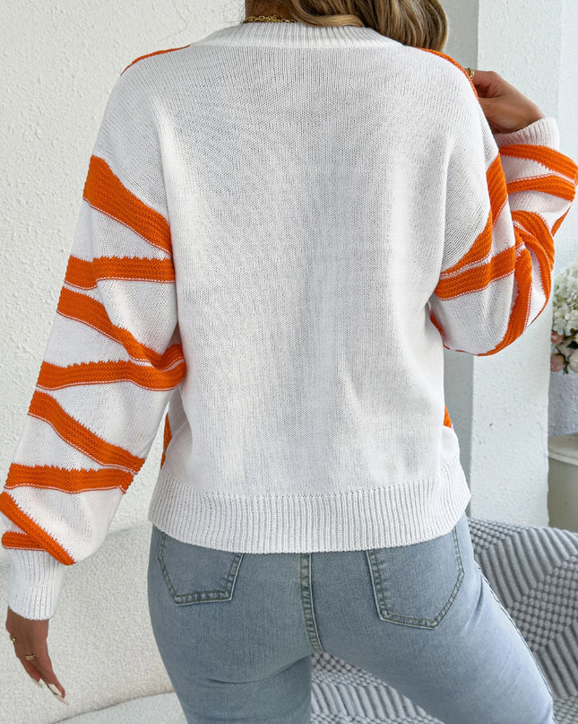 Women's Stripe Sweater - Casual Round Neck Lantern Sleeve Knitted Pullover
