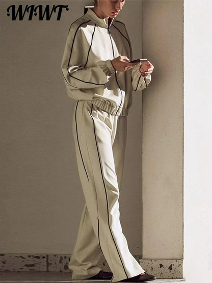 Women's Two-Piece Striped Zipper Jacket and Pants Set