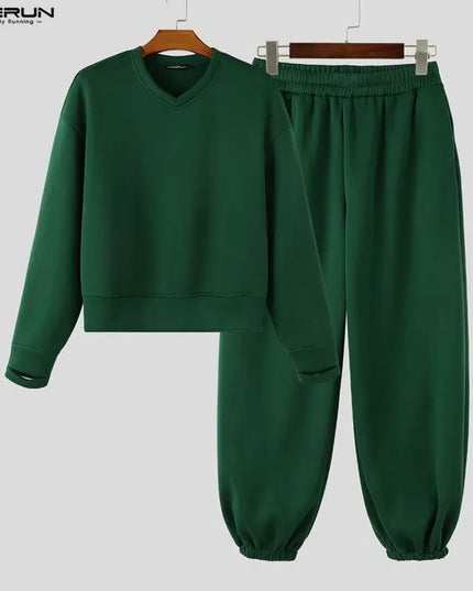 INCERUN Men’s Loose-Fit Two-Piece Set with V-Neck Long-Sleeve Top and Pants