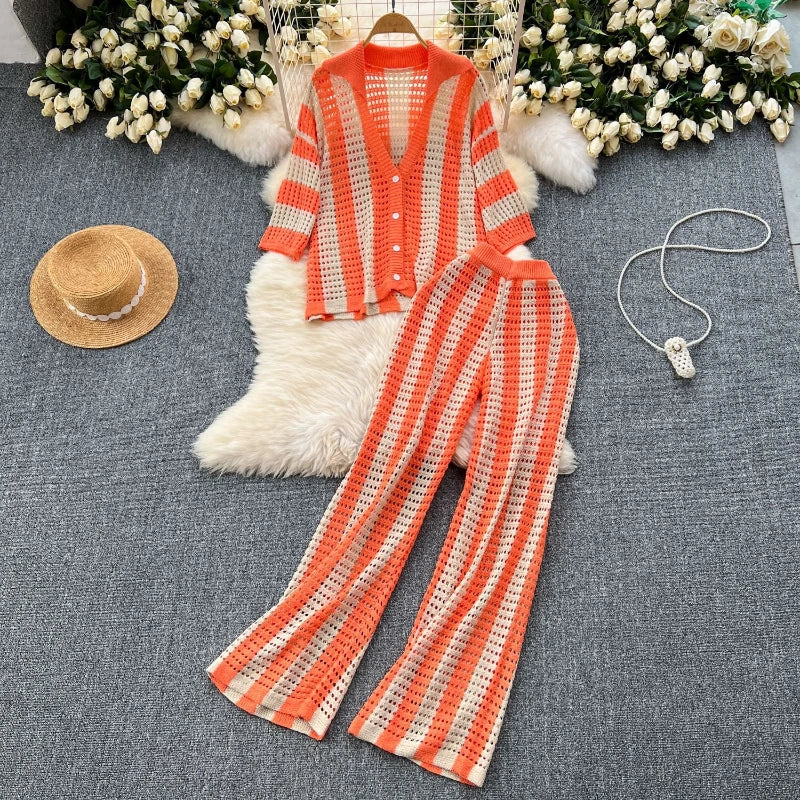 Wishyear Women's Two-Piece Striped Knit V-Neck Hollow Out Button Top & Wide Leg Pants Set