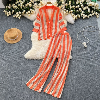 Wishyear Women's Two-Piece Striped Knit V-Neck Hollow Out Button Top & Wide Leg Pants Set