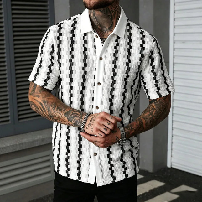 Men's Plaid Knit Short Sleeve Shirt with Lapel Collar and Button Closure