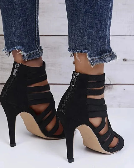Elegant Peep Toe High Heels for Women with Elastic Band, Cross-Design, and Back Zipper Closure