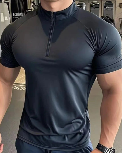 Men's Quick-Dry Elastic T-Shirt with Zippered Round Neck