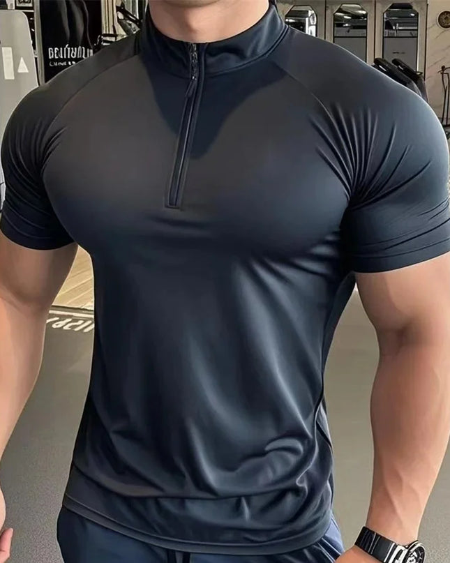 Men's Quick-Dry Elastic T-Shirt with Zippered Round Neck