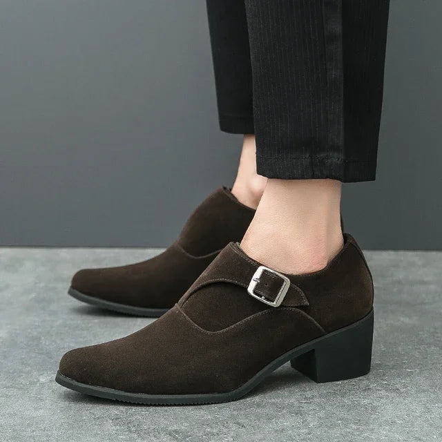 Men's 6CM Height-Boosting Platform Shoes with Pointed Toe and Buckle Decoration