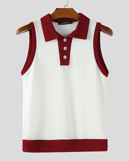 Incerun Men's Casual Tank Top with Patchwork Lapel and Button Detail