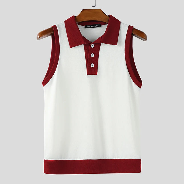 Incerun Men's Casual Tank Top with Patchwork Lapel and Button Detail