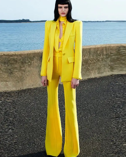 Women's Two-Piece Blazer and Flare Pants Set with Single Button Detail
