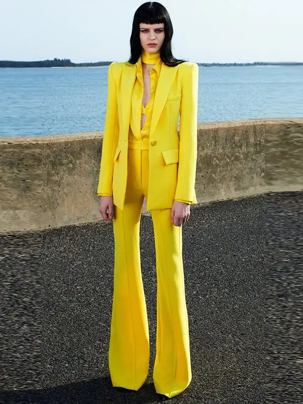 Women's Two-Piece Blazer and Flare Pants Set with Single Button Detail