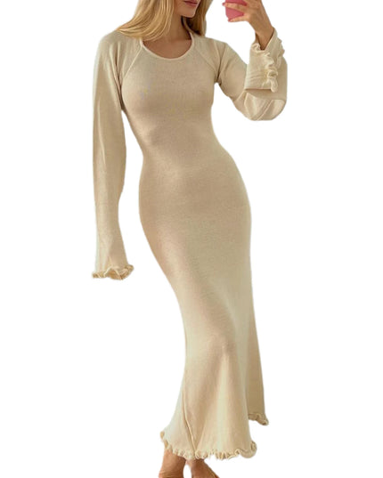Women's Knitted Backless Bodycon Dress with Ruffle Trim