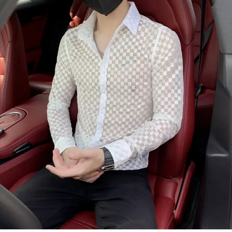 Men's Long Sleeve Plaid Shirt - Slim Fit Button-Down with Hollow Out Design