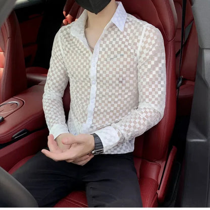 Men's Long Sleeve Plaid Shirt - Slim Fit Button-Down with Hollow Out Design