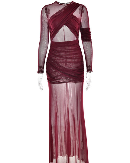 Women's Elegant Long Sleeve Bodycon Dress with Mesh Accents