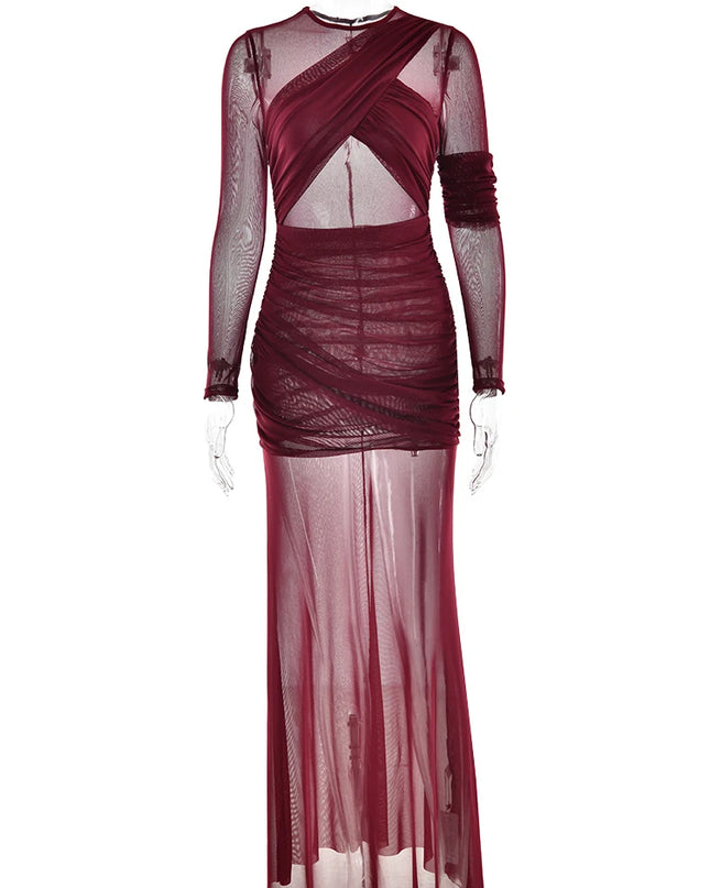 Women's Elegant Long Sleeve Bodycon Dress with Mesh Accents