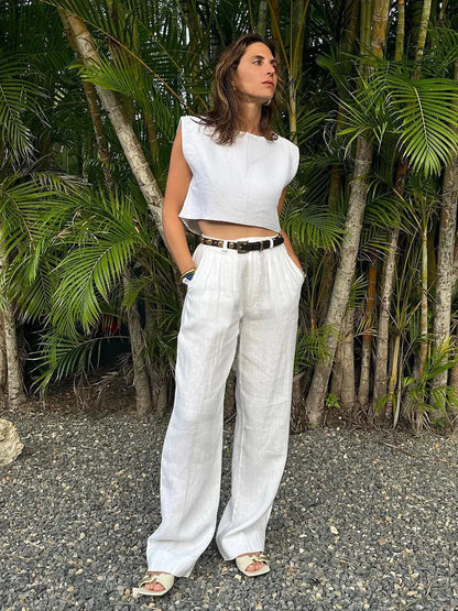 Women's Cotton Linen Two-Piece Vest and Pants Set