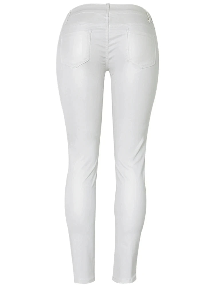 Women's PU Leather-Coated Slim Stretch Pants with Zipper Pockets