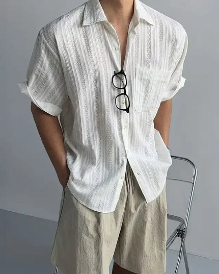 Men's Casual Hollow Stripe Short Sleeve Shirt - Loose Fit, Breathable, Button-Down