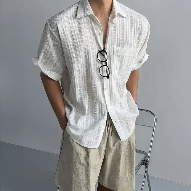 Men's Casual Hollow Stripe Short Sleeve Shirt - Loose Fit, Breathable, Button-Down