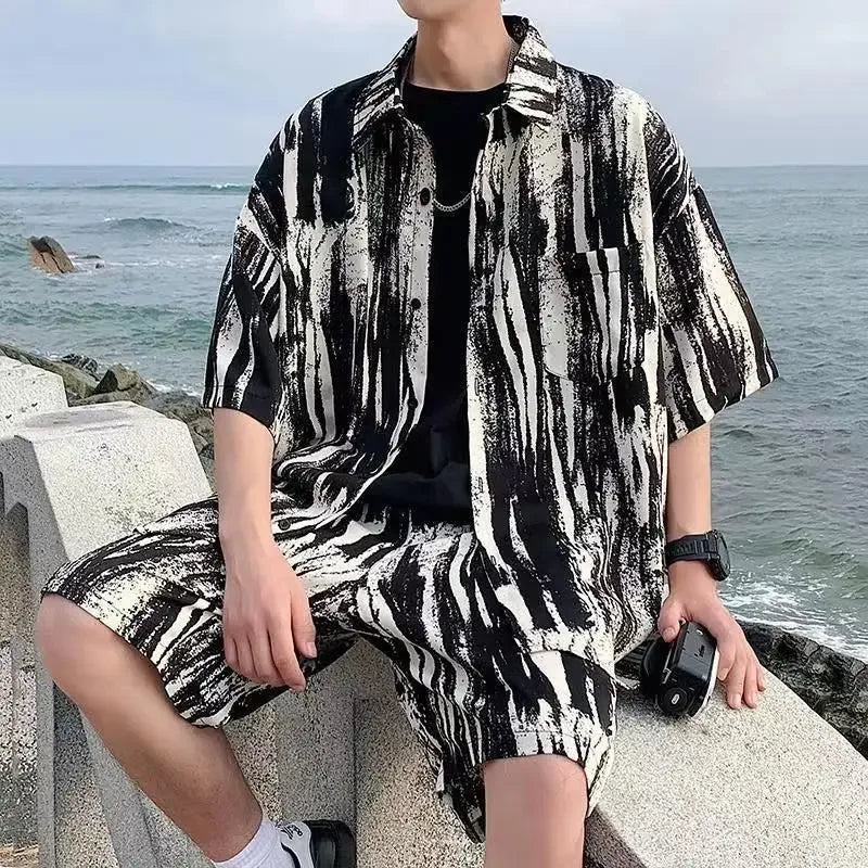 Men's Two-Piece Loose Fit Striped Shirt and Shorts Set
