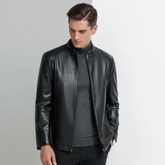 Men's Slim Fit Stand Collar Leather Jacket - Genuine Sheep Leather, Thin & Stylish