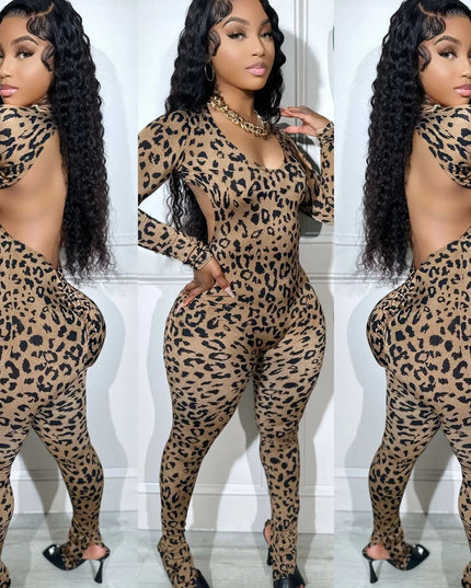Women’s Leopard-Print Jumpsuit with Backless Lace-Up Detail and Shirred Hips