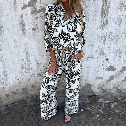 Women's Vintage Two-Piece Set: Turndown Collar Long Sleeve Shirt & Elastic High-Waist Loose Casual Pants