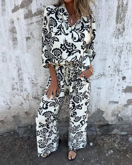 Women's Vintage Two-Piece Set: Turndown Collar Long Sleeve Shirt & Elastic High-Waist Loose Casual Pants