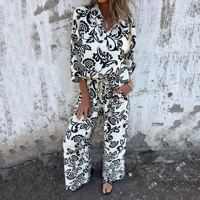 Women's Vintage Two-Piece Set: Turndown Collar Long Sleeve Shirt & Elastic High-Waist Loose Casual Pants