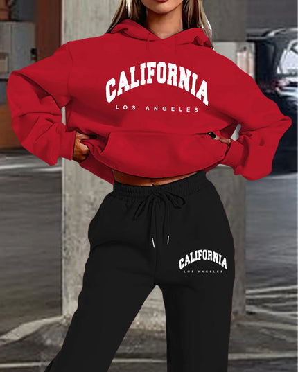 Women's Casual California Los Angeles Letter Print Hoodie and Drawstring Jogger Set