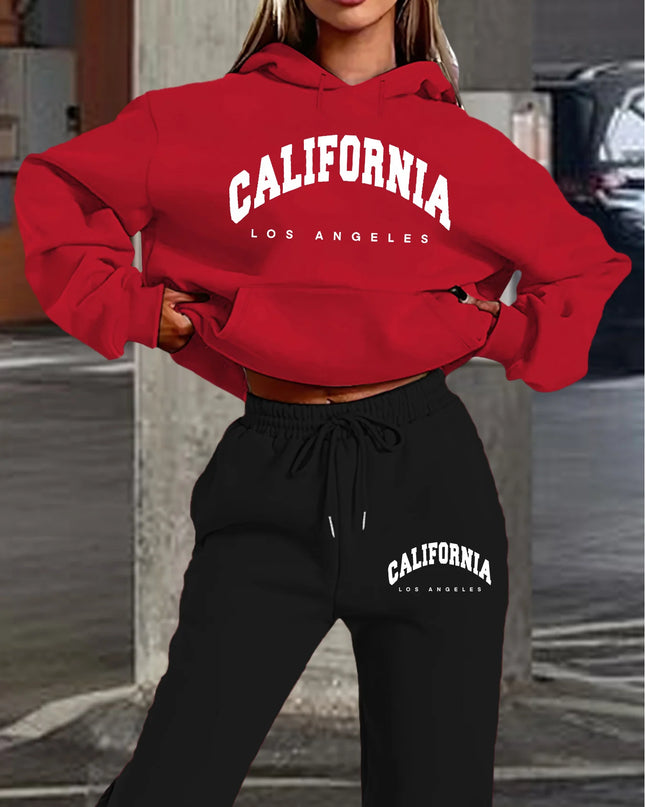 Women's Casual California Los Angeles Letter Print Hoodie and Drawstring Jogger Set