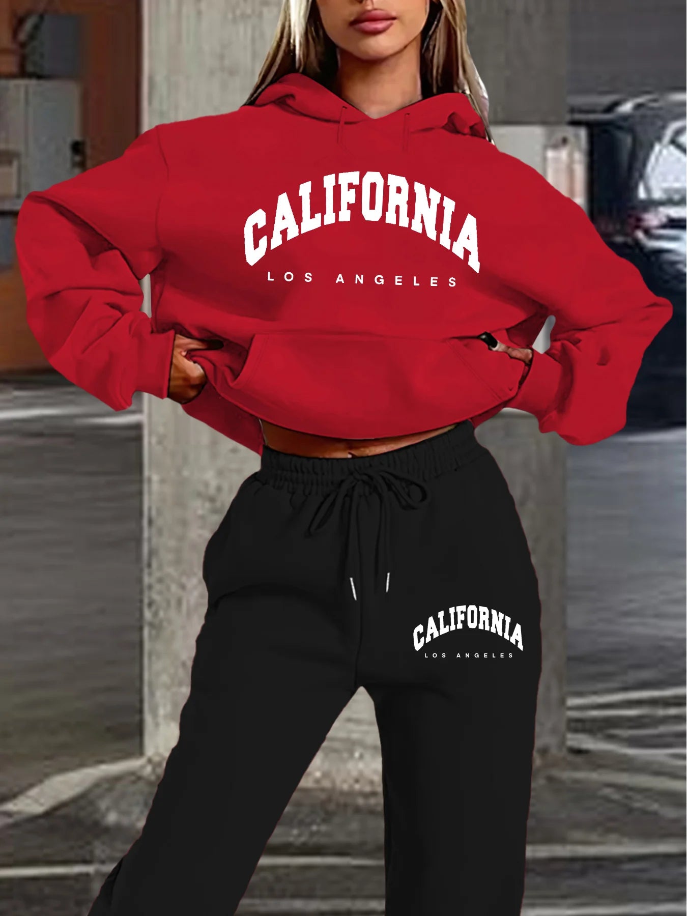 Women's Casual California Los Angeles Letter Print Hoodie and Drawstring Jogger Set